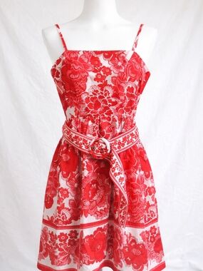 Joie Red Floral Dress Size 6 Fit & Flare Belted Summer Wedding Party